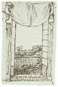 Mit vindue i Rom. Udsigten fra lejligheden i Via Sistina.
H.C. Andersens egen tegning.